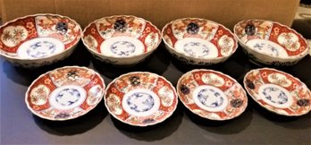 Antique Japanese Kutani Imari Bowls & Plates Hand Painted Red, Gold Decorated