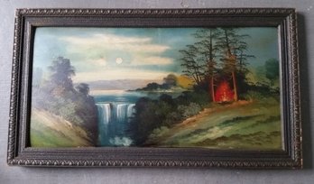Vintage 1930s Landscape Oil Painting On Artist Board, Campfire By Waterfall, 31 Inch