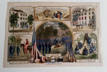 Antique 1861 CIVIL WAR ENGRAVING,  Washington War Scenes, Soldiers, Hand Colored W/ 20'  W/Mat