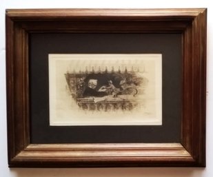 Antique Etching J.A. Mitchell, Monkey Soliciting In A Theatre, Framed 12 By 15 Inch
