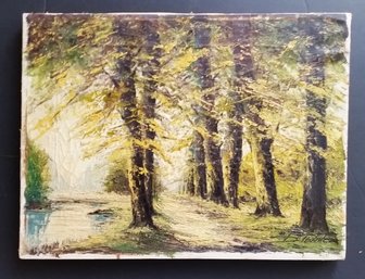 Vintage Forest Landscape In The Fall, Artist Signed 12 By 16 Inch