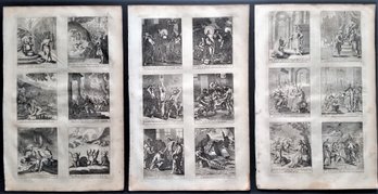 Set Of 3 Antique Pages With 18 Biblical Illustrations, 1700's Or Earlier