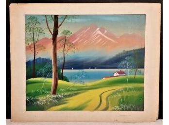 Japanese Landscape Painting On Silk, 'Mountain Lake'