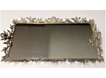 1940s Large Silver Metal Frame Vanity Mirror Tray, Cherub With Bird,  27'