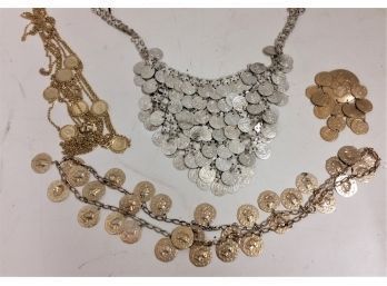 Art Deco Fashion Jewelry: Lot Of 'Faux Coin' Theme Jewelry,  Pin - Belt - Necklace - Broach