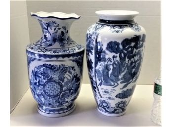 2 Blue-white Hand Painted Vases, 14 Inch Tall