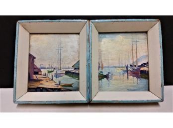 MCM Mini Paintings, 'boats By Dock' In Shadow Box Frames, 4 Inch, Neat
