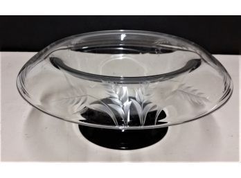 Fine Etched Glass Center Bowl, Black Glass Base