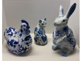 Lot Of 3 Porcelain Figure Animals, Cat-chicken-rabbit, Good Condition