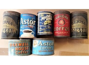 Coffee Tins, Vintage Lot Of 7 Tins Inc. Rare Berma & Flaroma
