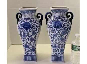 Large 14' Vases, Floral Blue-white Motif, Matching Pair Of Vases