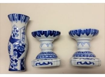 Blue White Hand-painted Candle Holders, Good Condition