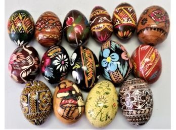 Vintage Decorated Wooden Eggs, Assorted Lot Of 15, Hand Painted