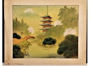 Japanese Landscape Silk Painting, 'Stream Of Beauty', 20'