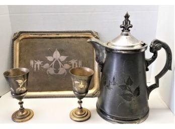 Victorian Coffee Urn, Tray & Cups, Silver Plated