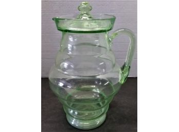 Antique Green Depression Glass Pitcher & Lid, Ca: 1930-40s