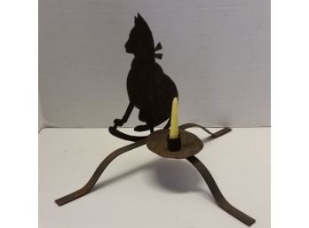 Antique Metal Candle Holder, Folk Art, Perched Cat Motif