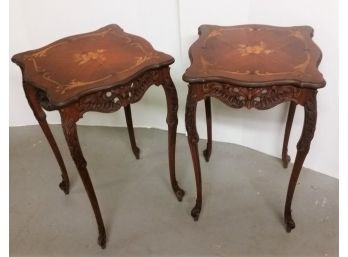 Pair Of Lamp Tables, Carved & Inlay Work, 1940s