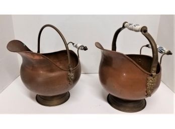 Pair Copper Buckets, Delft Porcelain Handles