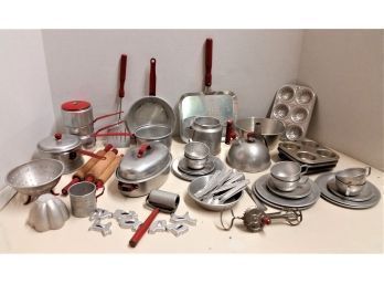 Vintage DOLL Size Aluminum TOY Pots, Dishes, 1950s, Good Condition