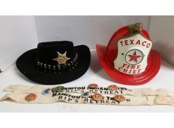 Toy Collectible Sheriff Hat, Fireman Helmet, Indian Belt