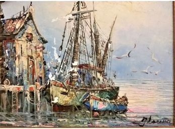 Ship In Harbor, Signed Painting