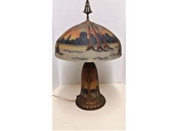 Antique Reverse Painted Table Lamp, 'light House Lamp'