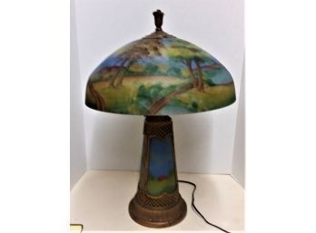 Antique Reverse Painted Table Lamp, 'light House Lamp'
