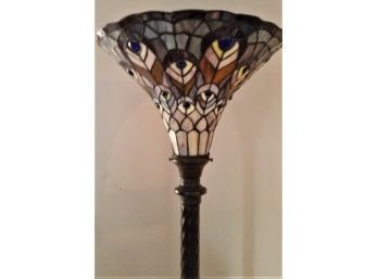 Torchiere Floor Lamp, Art Nouveau Style, Peacock Feather Motif, 72 Inch