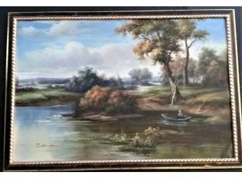 Vintage Lakeside Painting  On Canvas, Signed Su