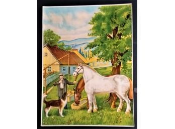 1940's Lithograph, Farmer & Horses, Lithuanian Print, 20 Inch