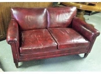Antique Leather Couch/ 2 Cushion Settee, Rolled Arms