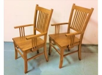 Pair Of Golden Oak Arm Chairs, Mission Oak Style