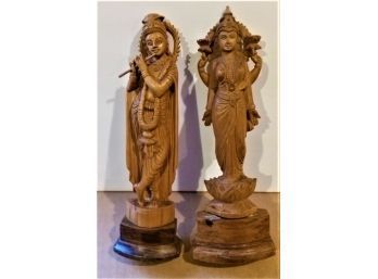 Pair Carved Buddhist Women Statues Krishna, 9.5 Inch