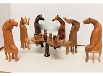 Carved Miniature Wooden Animals, Table & Drinks, 8 Inch
