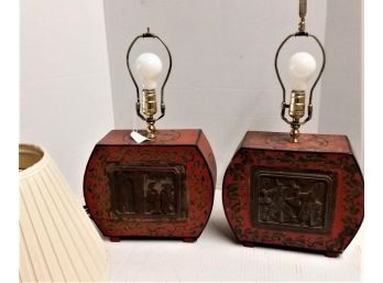 Pair Vintage Oriental Table Lamps - Pleated Shades Included, Dancers & Dragons