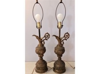 Pair Brass Ornate Repousse Ewer Form Table Lamps