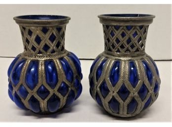 Blue Glass & Metal Vases, India, 6'