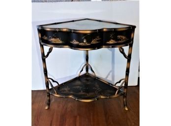 Black Laquered Chinoiserie Corner Table, Hand Painted Scenes