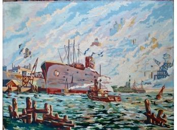 American Nautical Painting, Tug Boats, Steam Ship, Etc In Port, Josephson