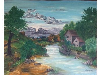 Vintage Landscape Painting, 'Mill House By Stream', Eroyan 1959