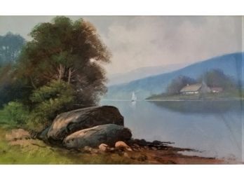 Valley & River Landscape Painting, Signed 'H', 25 Inch