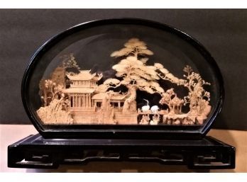 Chinese Village Diorama Scene In Glass Case,
