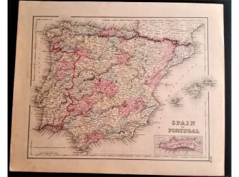 Antique Map Of Spain & Portugal Circa 1850