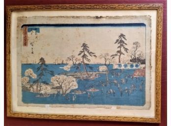 1840 HIROSHIGE Japanese Original Wood Block Print Goten- Yama Viewing, Framed