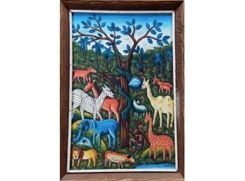 Haitian Folk Art Stylized Jungle-wildlife Painting, L. Metellus