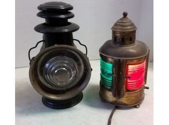 Two Antique Lanterns (one Electrified, One With Cracked Lens)