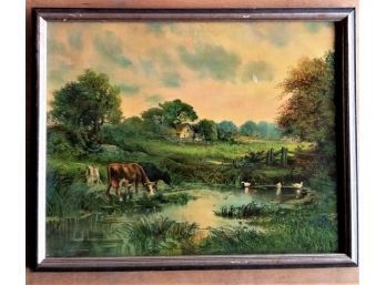 Antique Chromolithograph 1916, 'peaceful Meadow Brook' 22 Inch