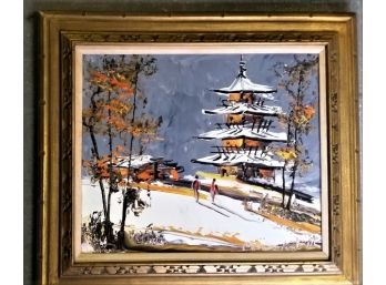 Vintage 1972 Morris Katz, Winter Landscape W/ Pagoda Painting, 32 Inch