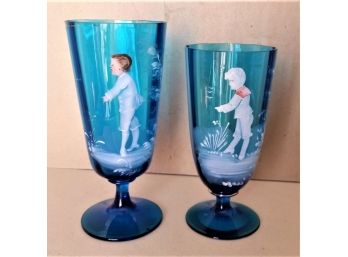 Mary Gregory Blue Pedestal Painted Glasses, Hand Painted